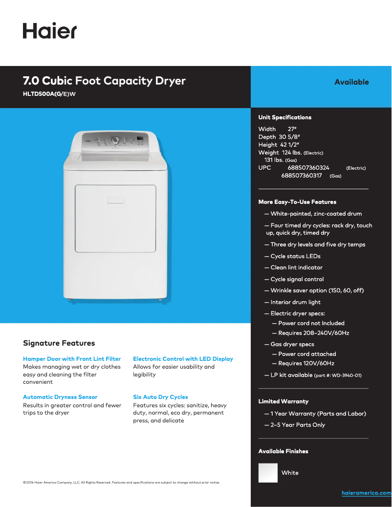 Page 1 de la notice Fiche technique Haier HLTD500AEW