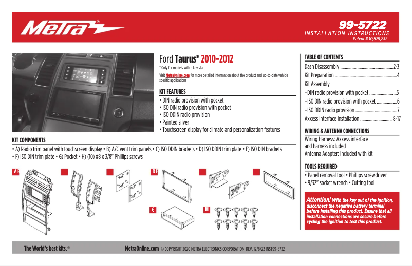 Page n°1 - Manuel utilisateur Metra 99-5722