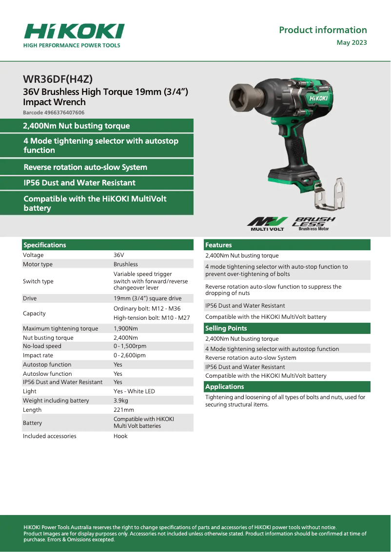 Page 1 of the manual Technical Sheet HiKOKI WR36DF