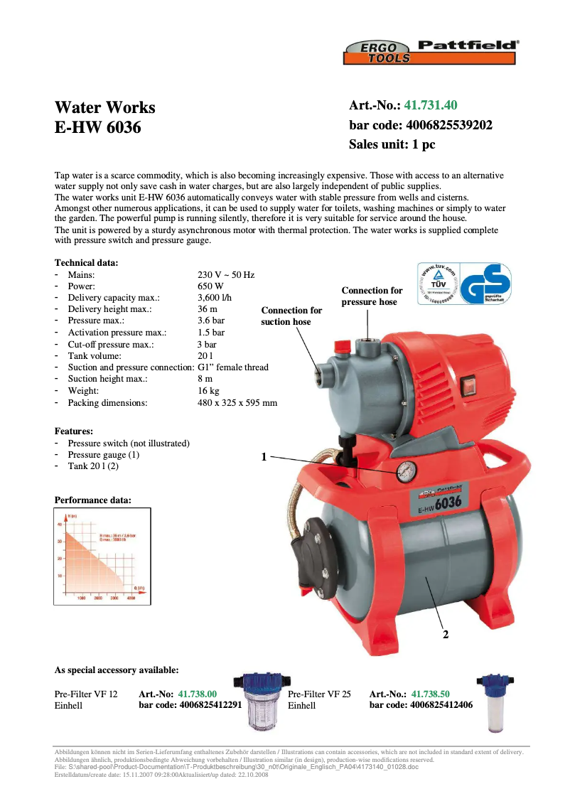 Page 1 de la notice Manuel utilisateur Ergotools Pattfield E-HW 6036