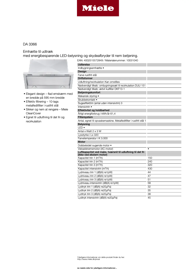 Page 1 de la notice Fiche technique Miele DA 3366