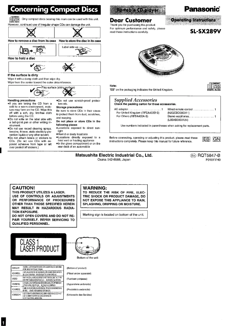 Page n°1 - Manuel utilisateur Panasonic SL-SX289