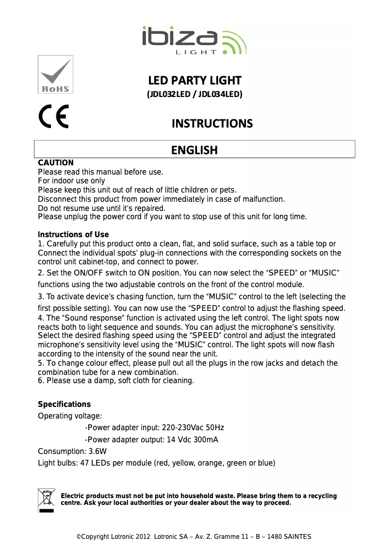 Page 1 de la notice Manuel utilisateur Lotronic JDL032LED