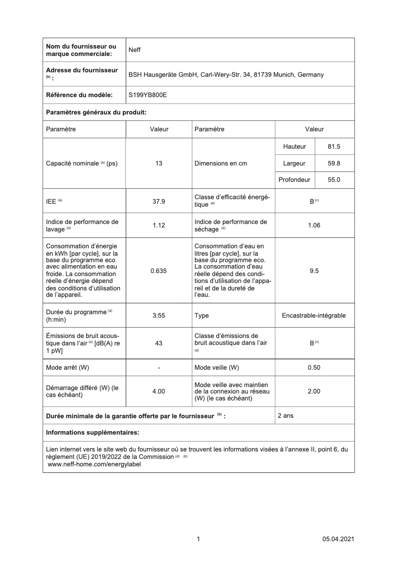 Page 1 of the manual Energy Label Neff S199YB800E