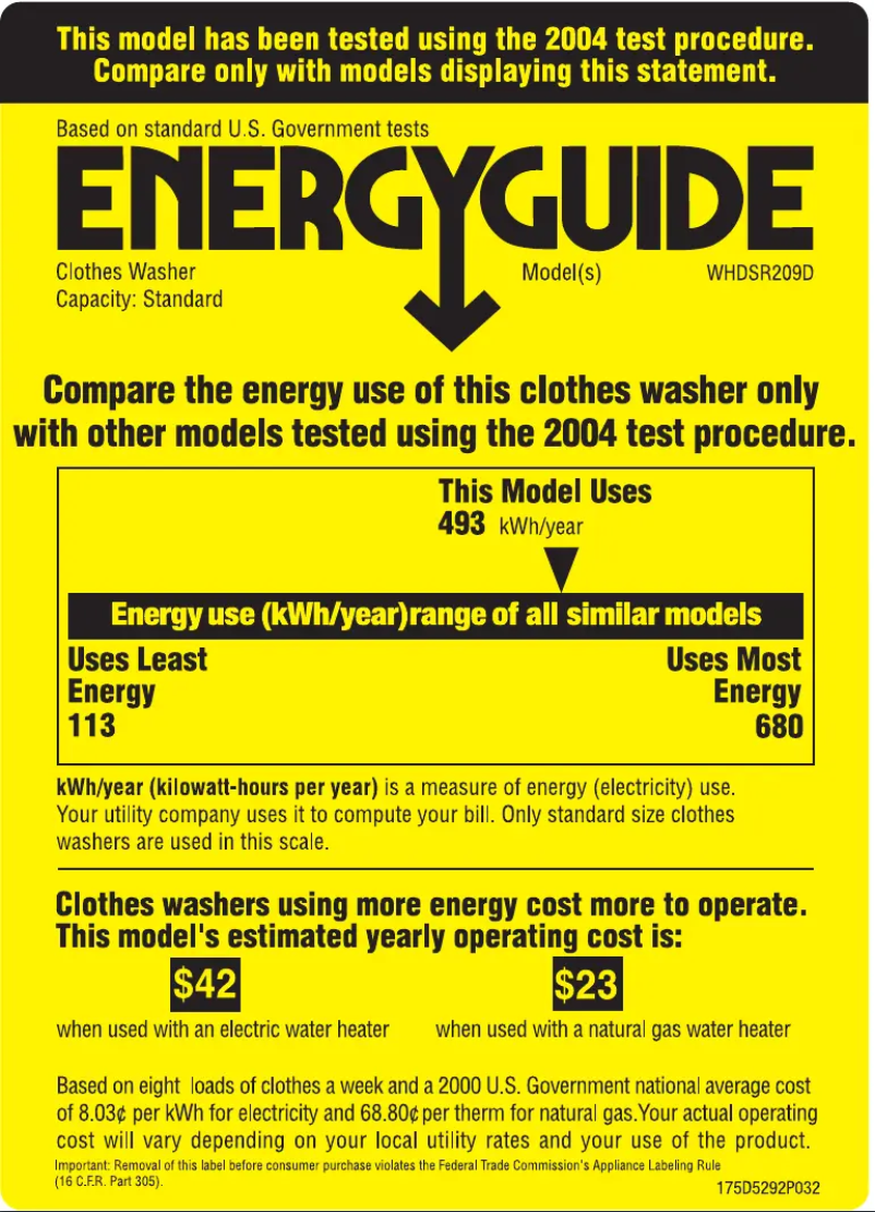 Page n°1 - Label énergétique GE WHDSR209DWW
