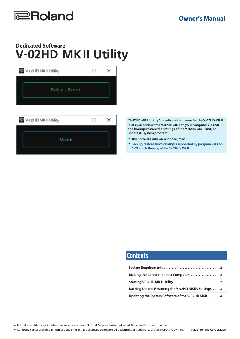 Page 1 de la notice Manuel utilisateur Roland V-02HD MK II