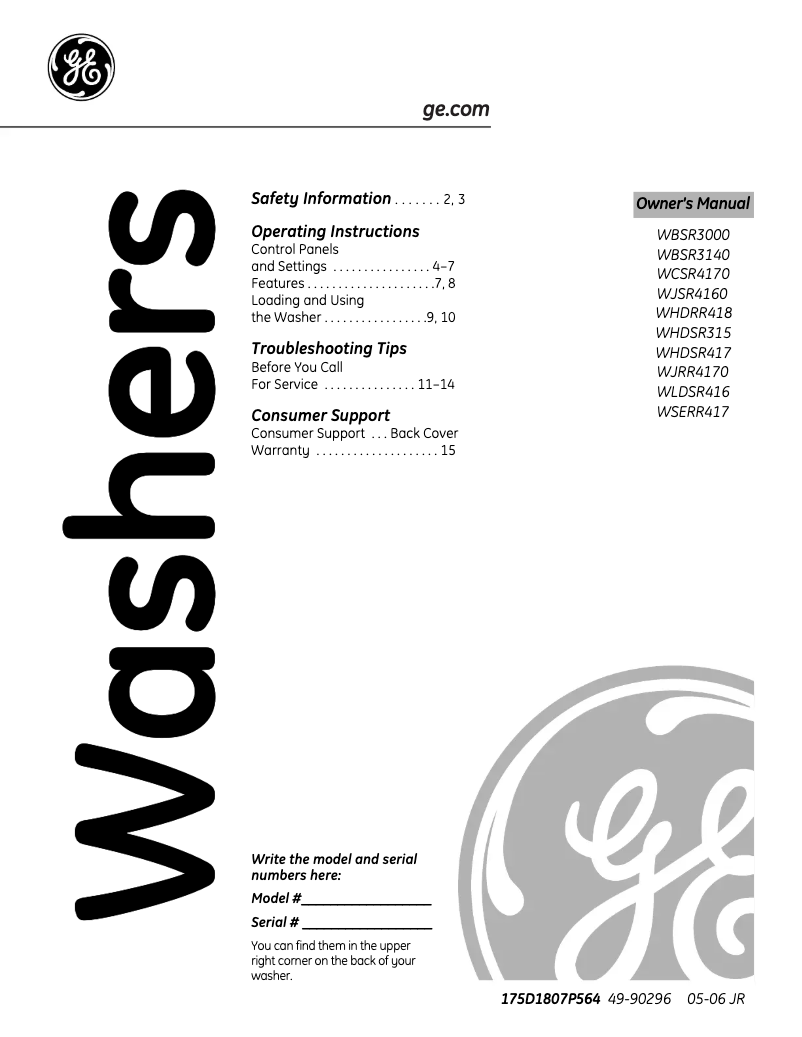Page 1 de la notice Manuel d'utilisation et d'entretien GE WHDRR418EWW