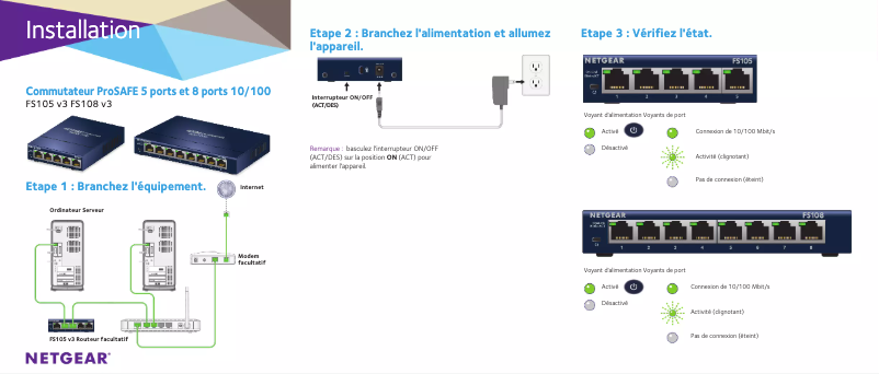 Page 1 de la notice Guide d'installation Netgear FS108v3