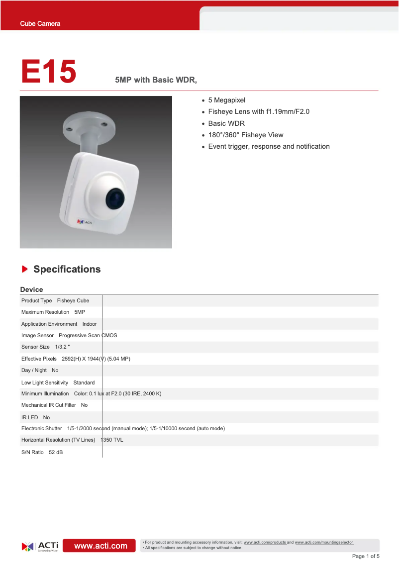 Página 1 del manual Ficha técnica ACTi E15