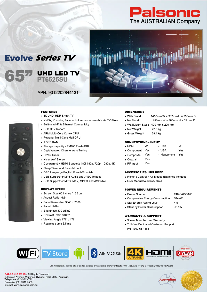 Page 1 de la notice Fiche technique Palsonic PT6525SU