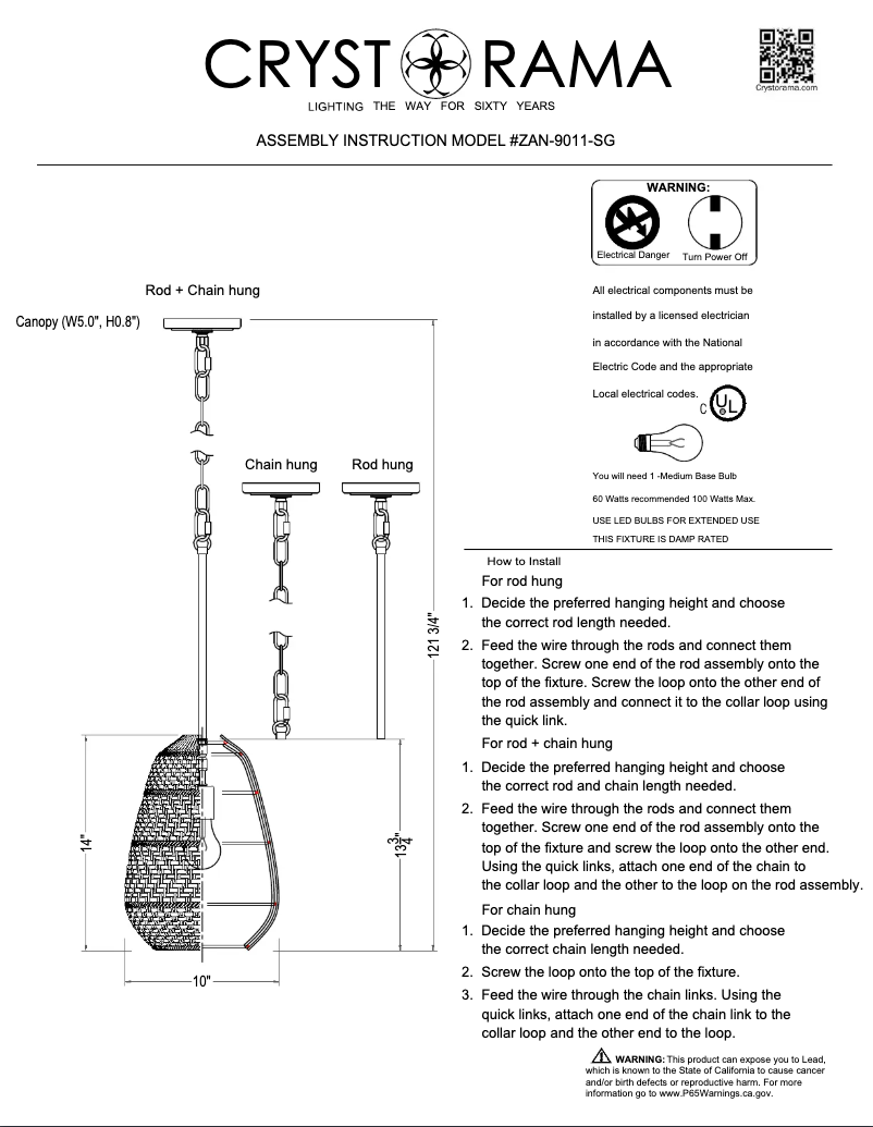 Page n°1 - Manuel utilisateur Crystorama Zanzibar ZAN-9011-SG