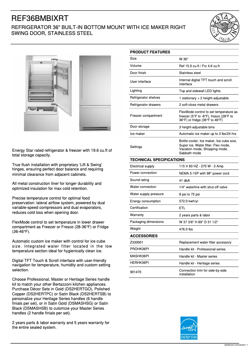 Page n°1 - Fiche technique Bertazzoni REF36BMBIXRT
