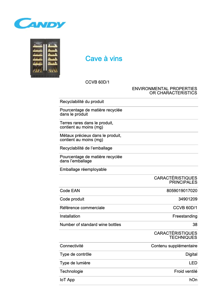 Page 1 de la notice Fiche technique Candy CCVB 60D/1