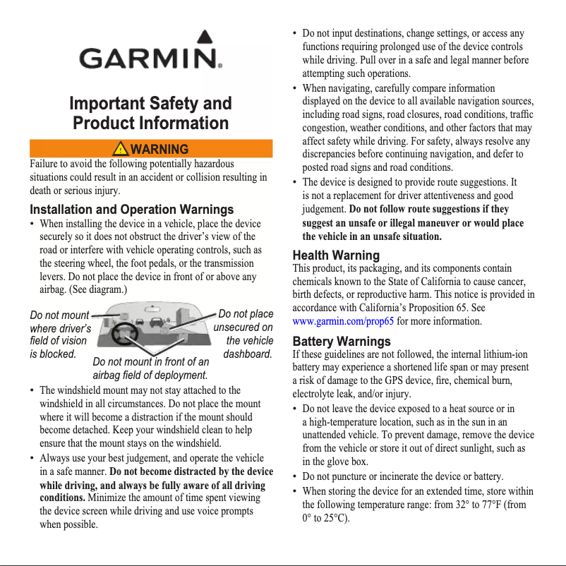 Page 1 de la notice Instructions de sécurité Garmin nüvi 670