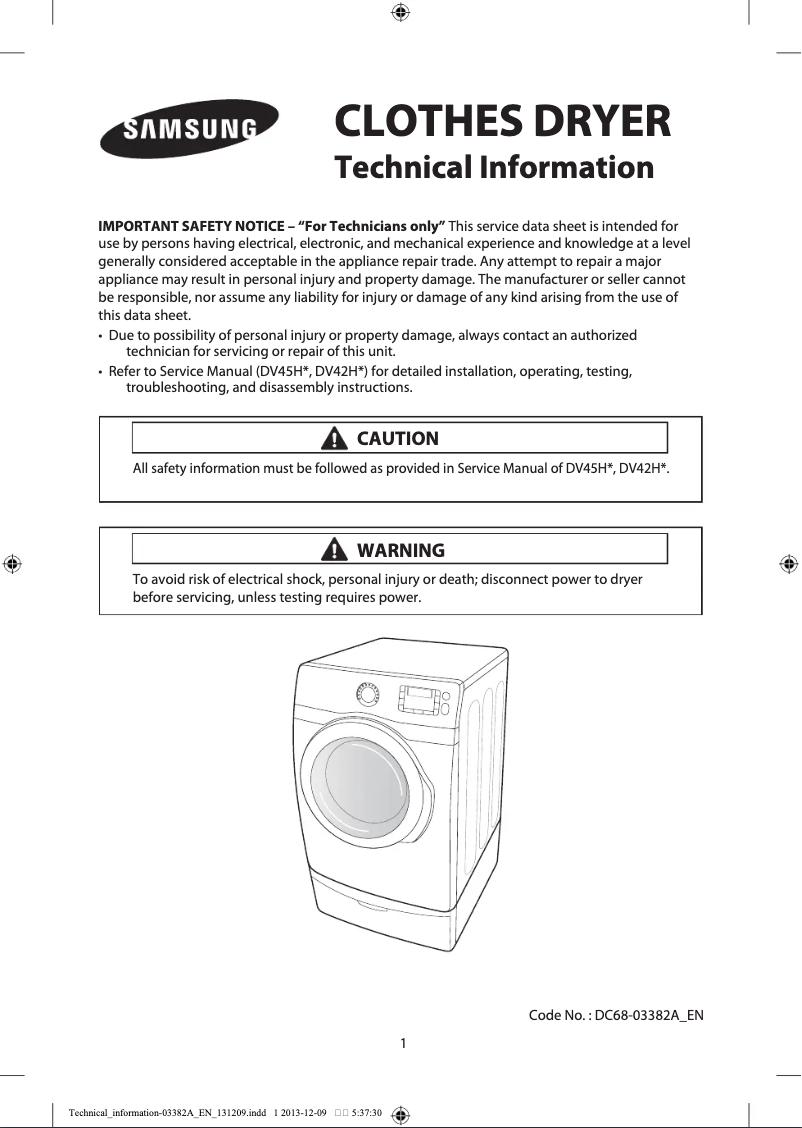 Page 1 de la notice Manuel d'utilisation et d'entretien Samsung DV42H5000G