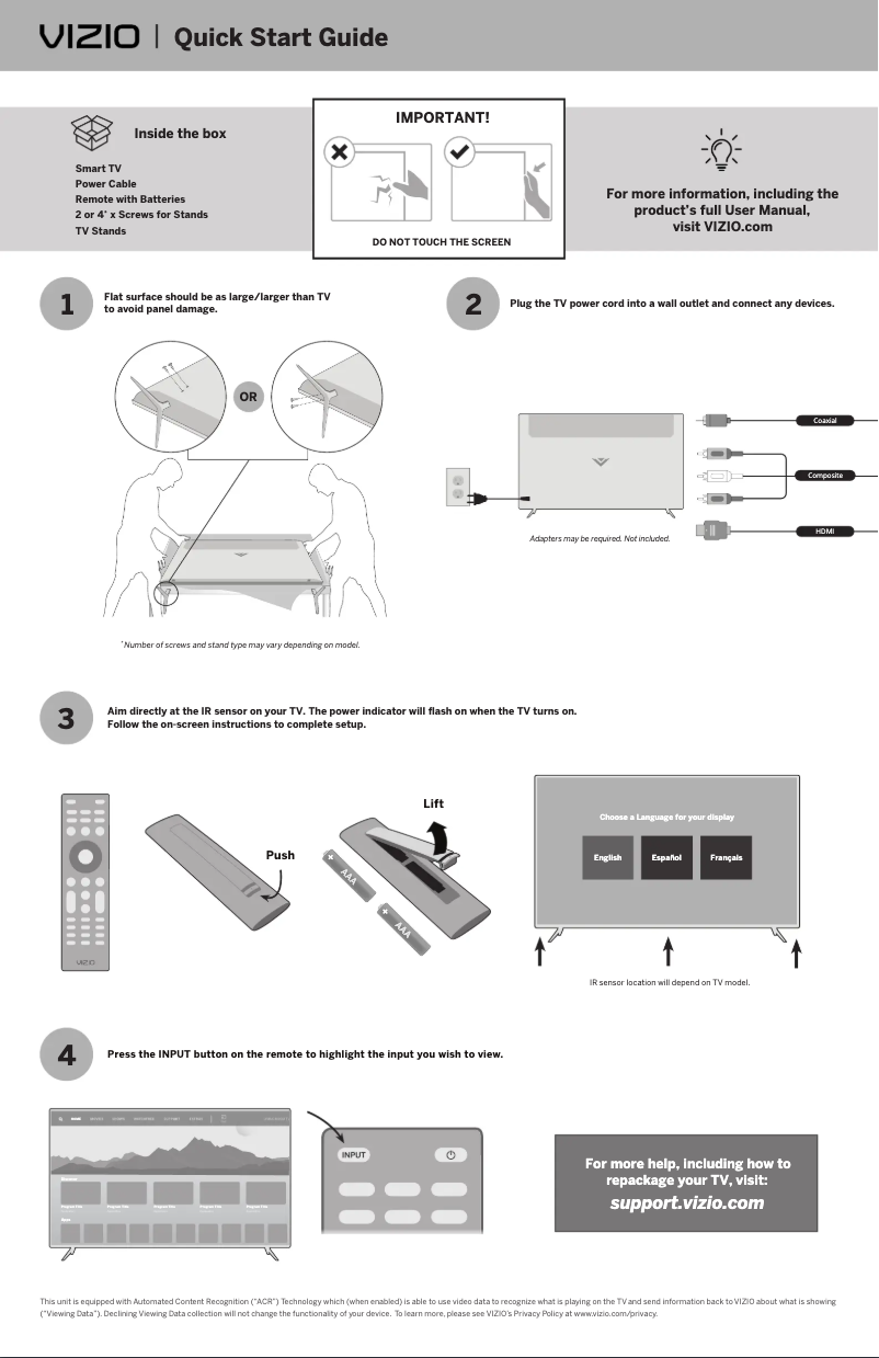 Page 1 de la notice Guide de démarrage rapide VIZIO P65Q9-H61
