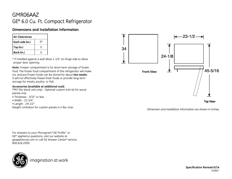 Page 1 de la notice Fiche technique GE GMR06AAZBB