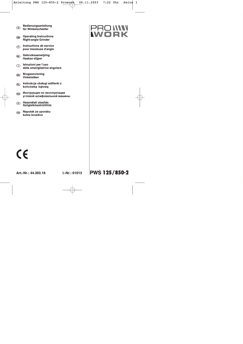 Page 1 de la notice Manuel utilisateur Prowork PWS 125/850-3