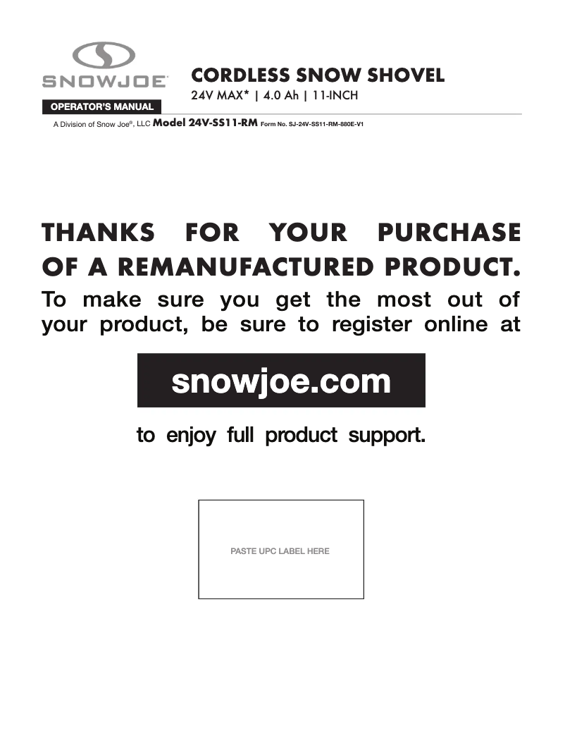Page n°1 - Manuel utilisateur Snow Joe 24V-SS11-RM