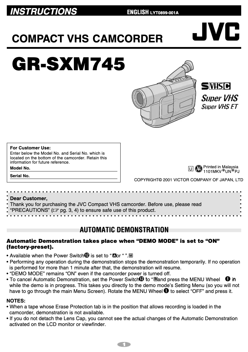 Page 1 de la notice Manuel utilisateur JVC GR-SXM240
