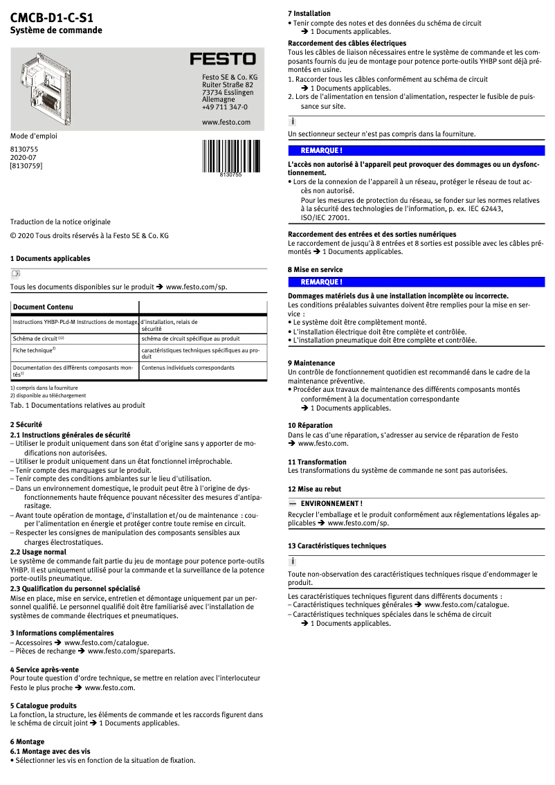 Page 1 de la notice Manuel utilisateur Festo CMCB-D1-C-S1