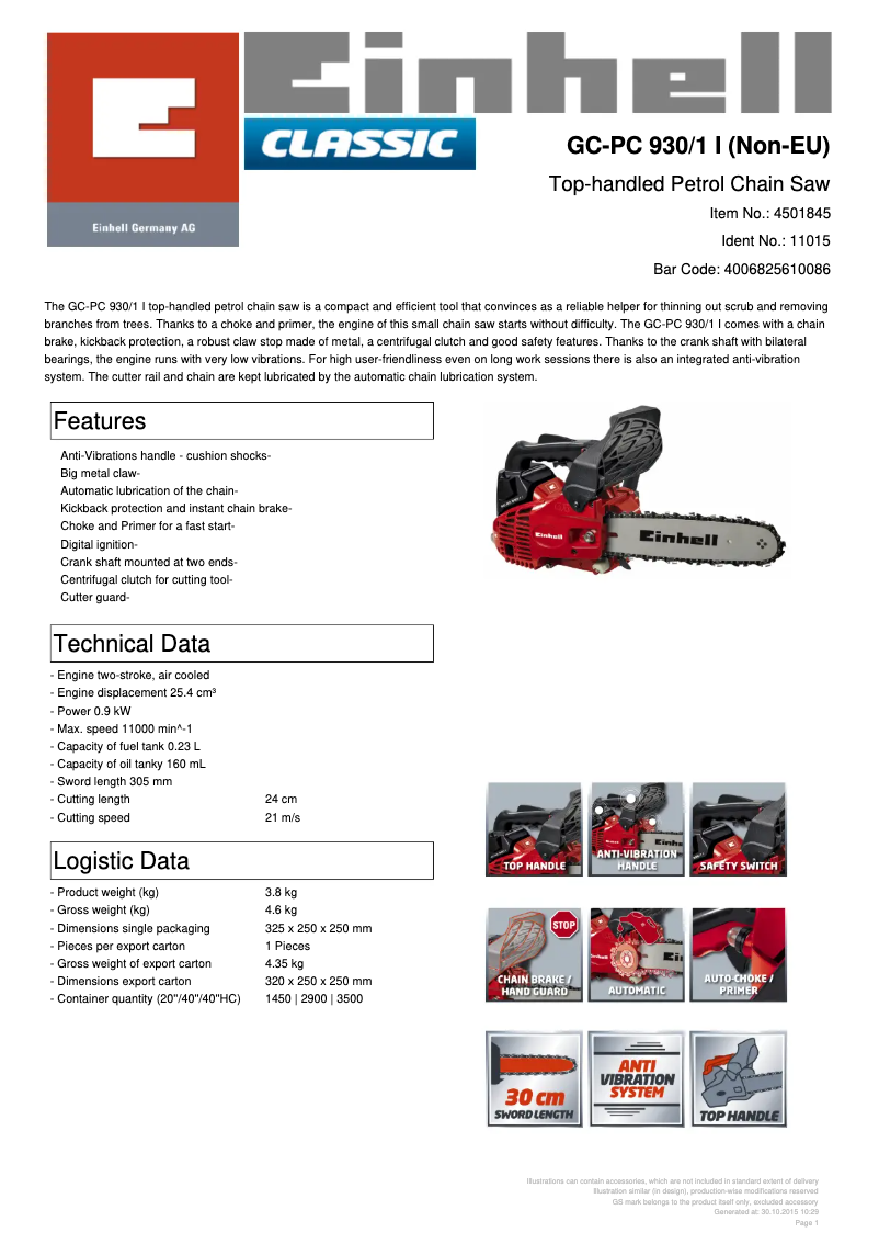 Page n°1 - Fiche technique Einhell GC-PC 930/1 I