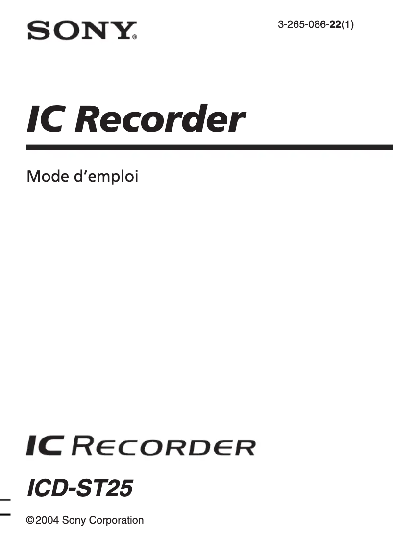 Page 1 de la notice Manuel utilisateur Sony ICD-ST25