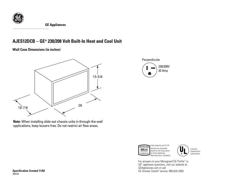 Page 1 de la notice Fiche technique GE AJES12DCB