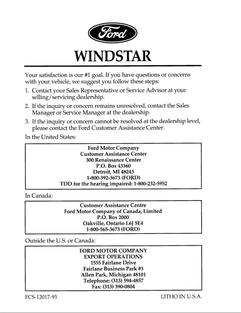 Image de la première page du manuel de l'appareil Windstar (1995)