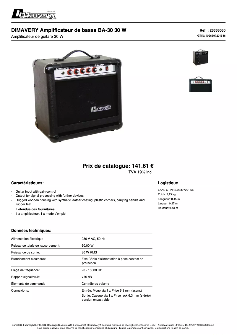Page 1 de la notice Fiche technique Dimavery BA-30