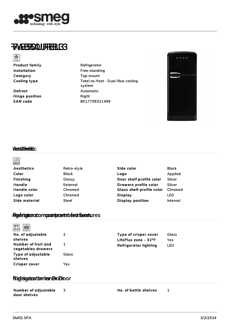 Page 1 de la notice Fiche technique Smeg FAB50URBL3
