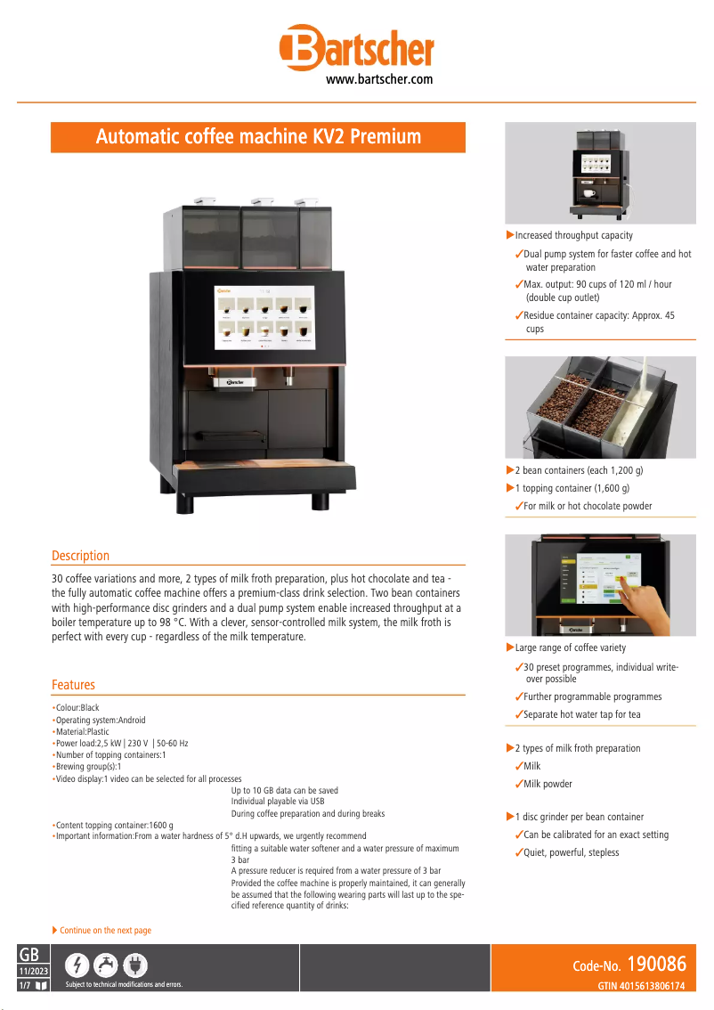 Page 1 de la notice Fiche technique Bartscher KV2 Premium