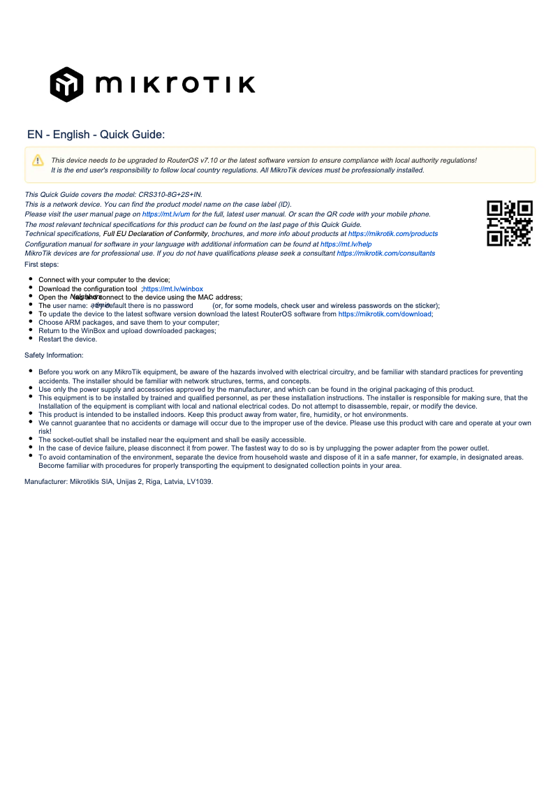 Image de la première page du manuel de l'appareil CRS310-8G+2S+IN