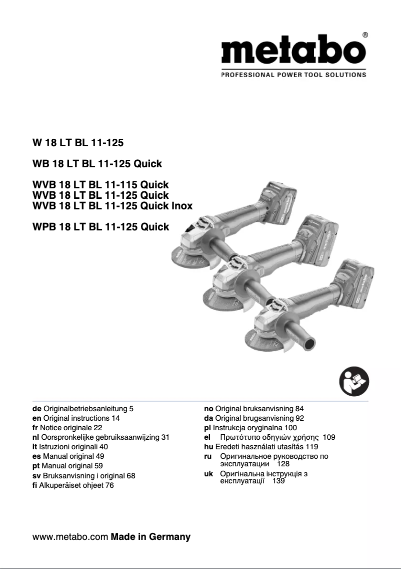 Page 1 de la notice Manuel utilisateur Metabo VB 18 LT BL 11-115 Quick