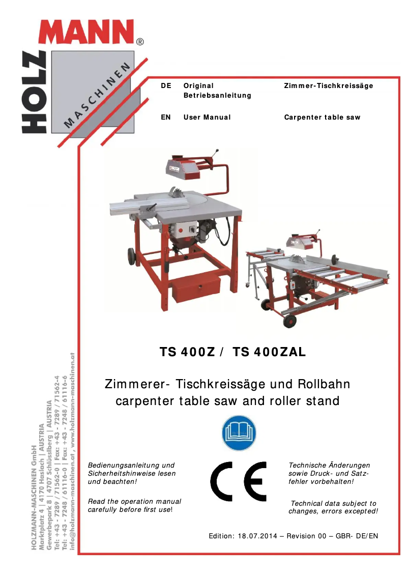 Page n°1 - Manuel utilisateur Holzmann TS 400Z