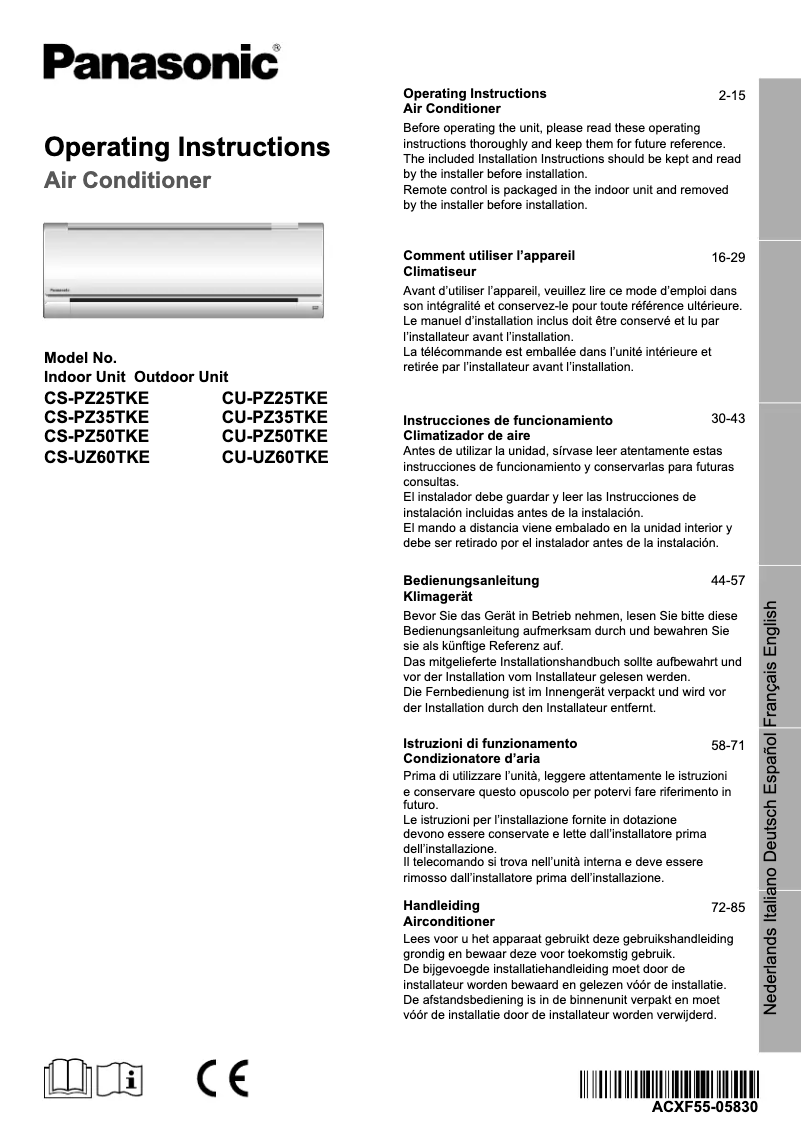 Page 1 de la notice Manuel utilisateur Panasonic CU-PZ35TKE