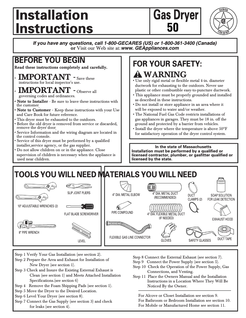 Page n°1 - Guide d'installation GE DLSR483WW