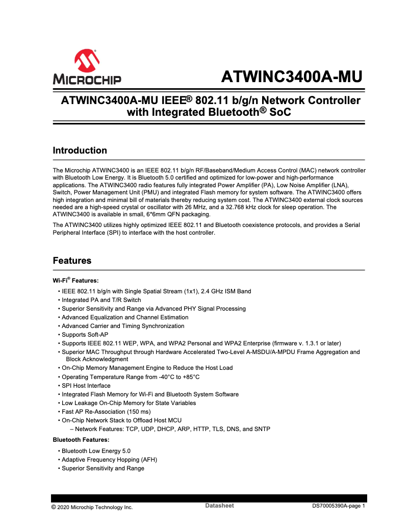 Page 1 de la notice Fiche technique Microchip ATWINC3400-IC