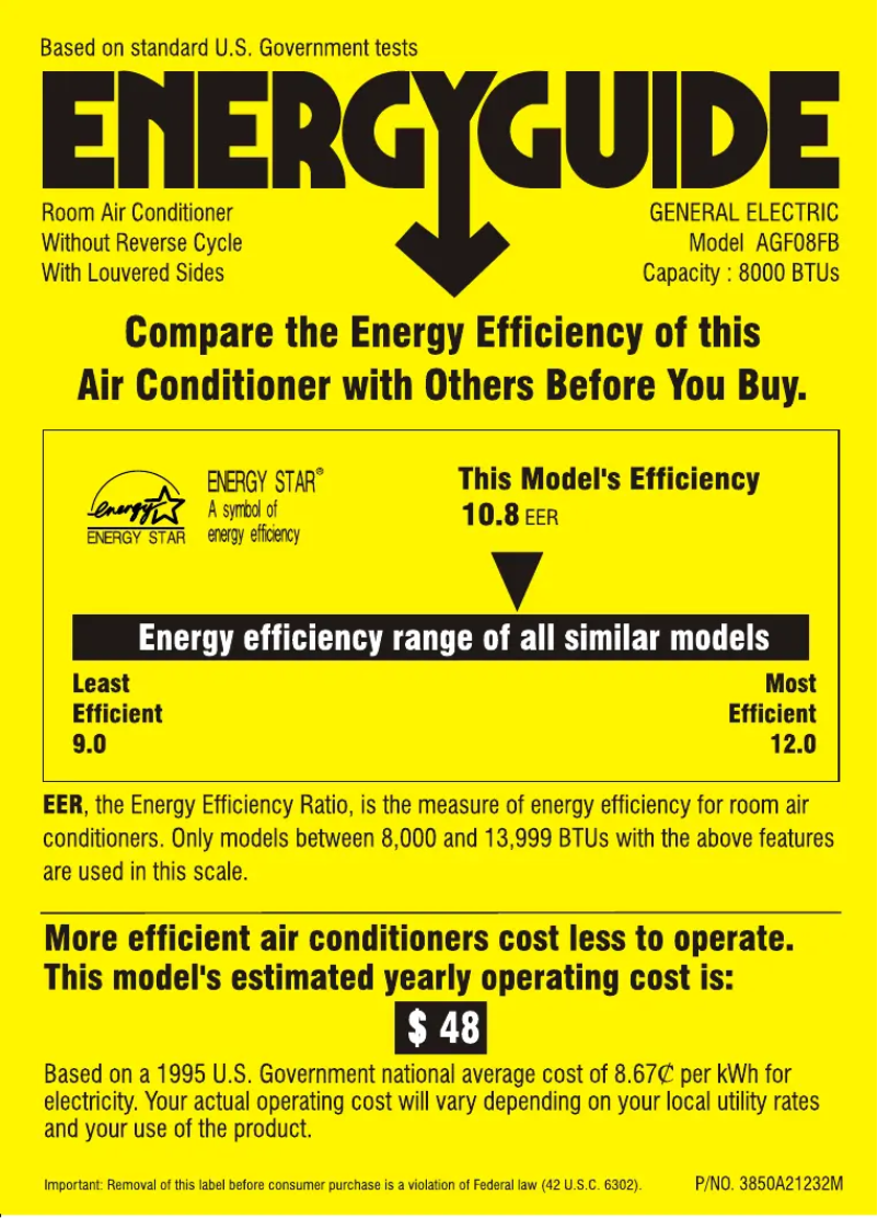 Page 1 de la notice Label énergétique GE AGF08FB