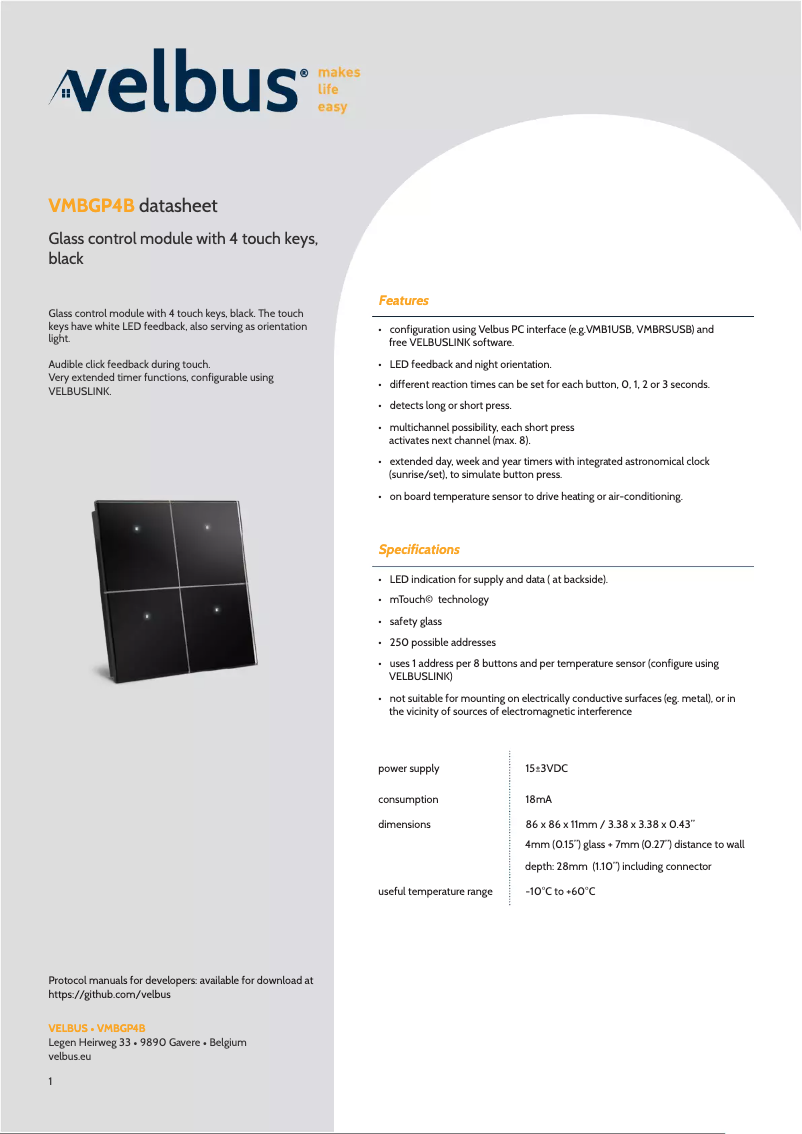 Página 1 del manual Ficha técnica Velbus VMBGP4B