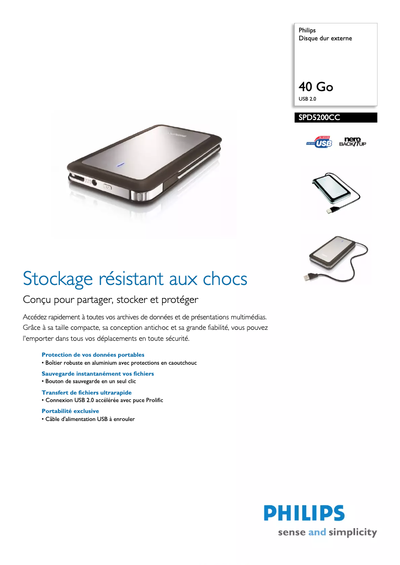 Page 1 de la notice Fiche technique Philips SPD5200