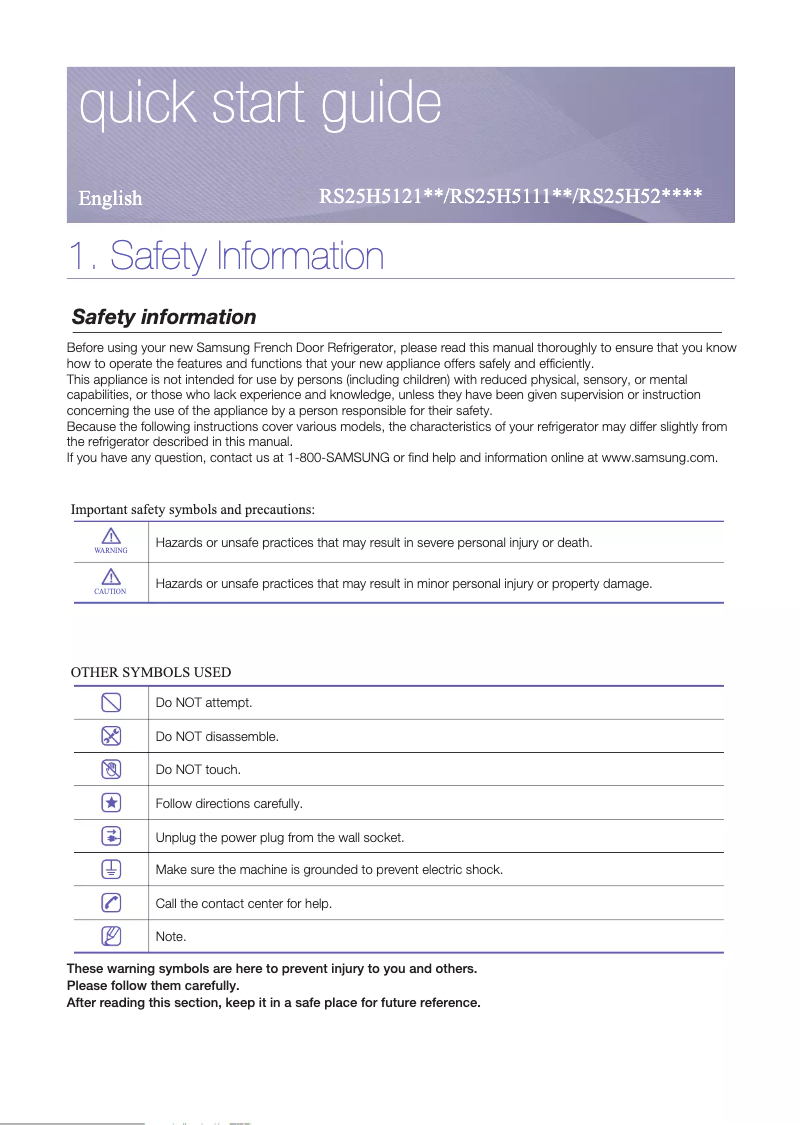 Page 1 de la notice Guide de démarrage rapide Samsung RS25H5223SP