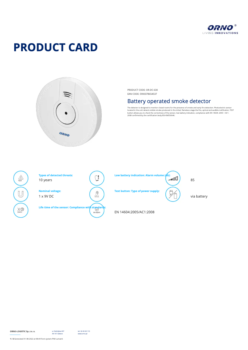 Page 1 of the manual Technical Sheet ORNO OR-DC-630