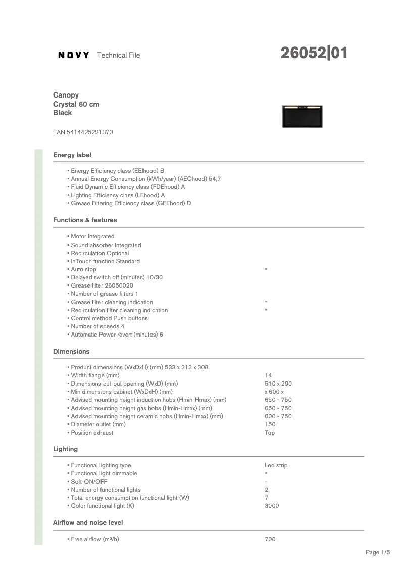 Page n°1 - Fiche technique Novy Crystal 26052