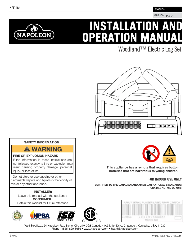 Page n°1 - Manuel utilisateur Napoleon Woodland NEFI18H