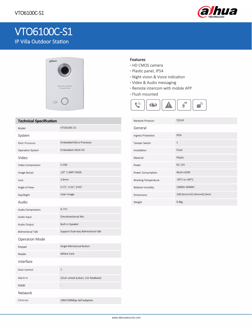 Page 1 de la notice Fiche technique Dahua Technology VTO6100C-S1