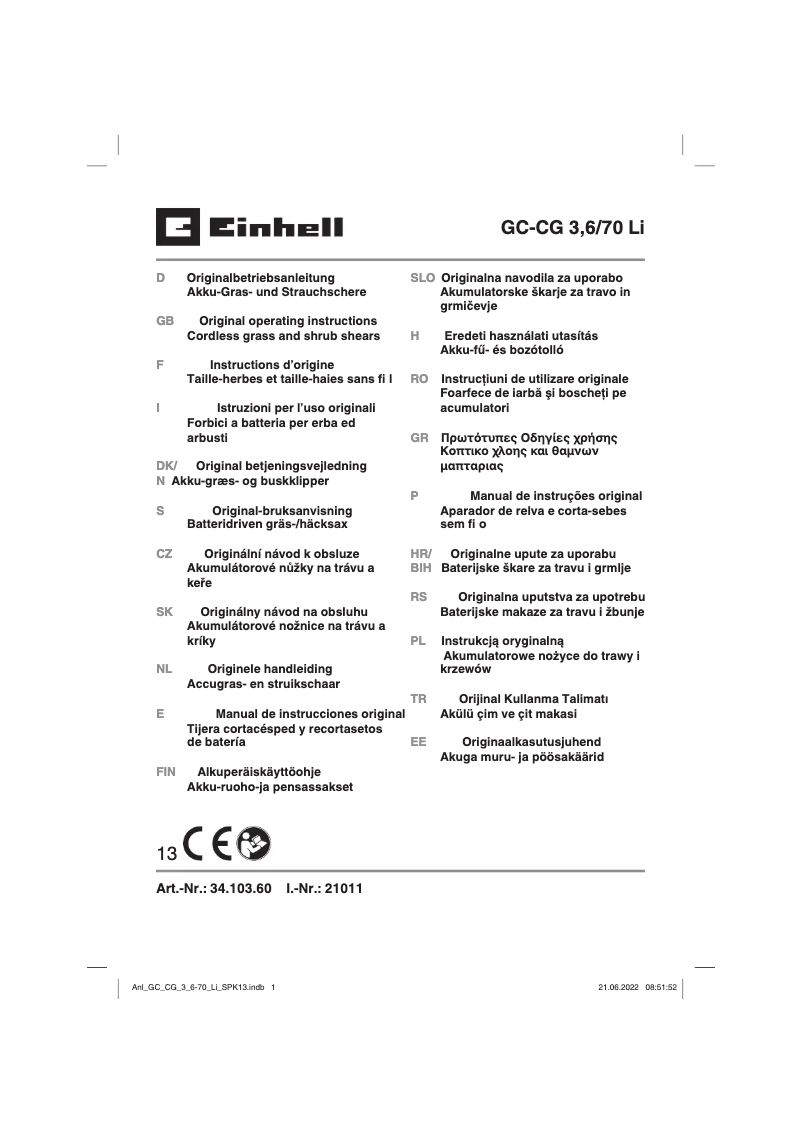 Page n°1 - Manuel utilisateur Einhell GC-CG 3,6/70 Li