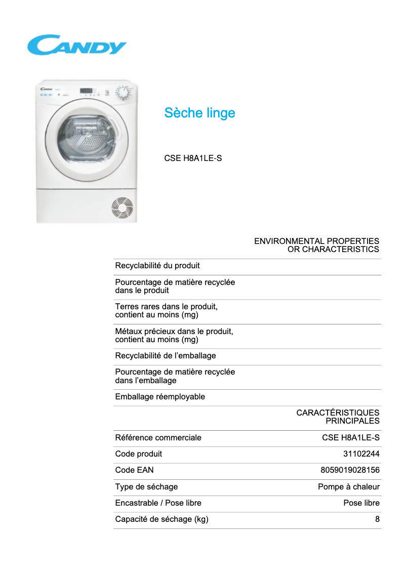 Page 1 de la notice Fiche technique Candy CSE H8A1LE-S