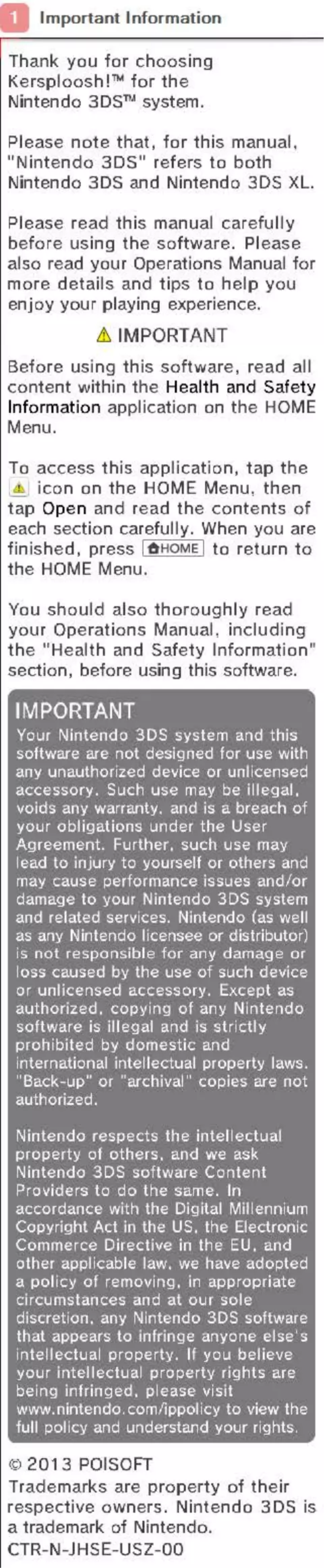 Page 1 de la notice Manuel utilisateur Nintendo Kersploosh (3DS)