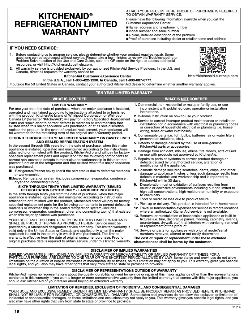 Página 1 del manual Información de garantía KitchenAid KRFC302EPA